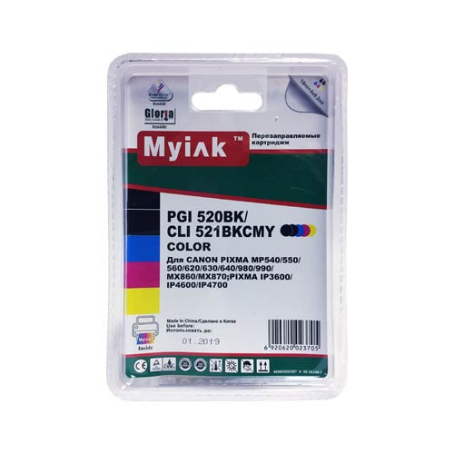 Картриджи заправленные ПЗК (PGI-520Bk,CLI-521BK/C/M/Y) для Canon Pixma iP3600/MP540/620/980, автосброс, 5шт MyInk