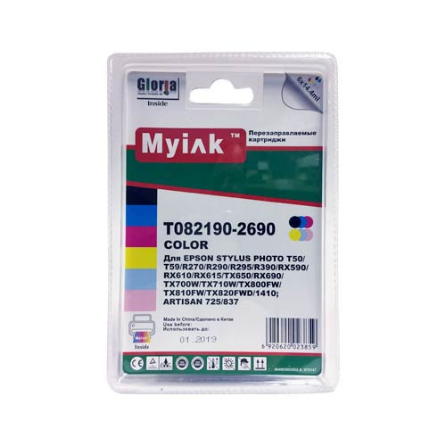 Картриджи заправленные ПЗК (T0821-0826) для Epson St Photo R270/290/295/390/RX590/690/TX700/T50/T59/1410, автосброс, 6 шт MyInk