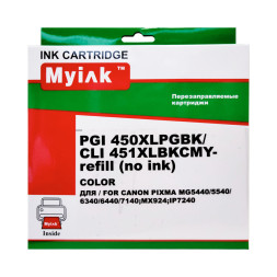 Перезаправляемые картриджи ПЗК PGI-450, CLI-451 для Canon Pixma iP7240, MG5440, MG6440, чипы с автосбросом, комплект 5 цветов, MyInk